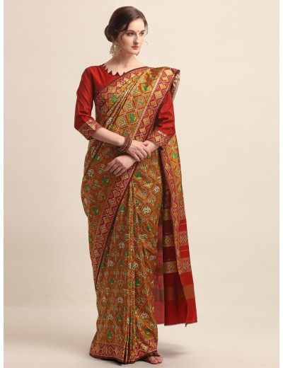 KAPAAHA Woven Figure Patola Saree (Mehndi)